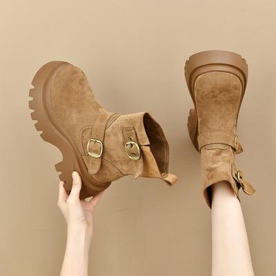 Thick-soled Heightening Short Boots Women's 2025 New Autumn Fashion Versatile Small Martin Boots with Skirts and High-end Boots