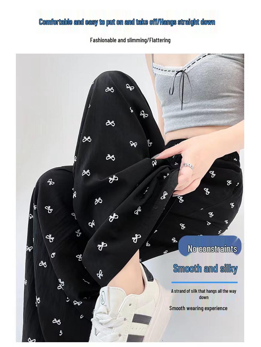 Women s Summer High-Waisted Bow Print Wide-Leg Ice Silk Pants XL (60-70 kg) чёрный