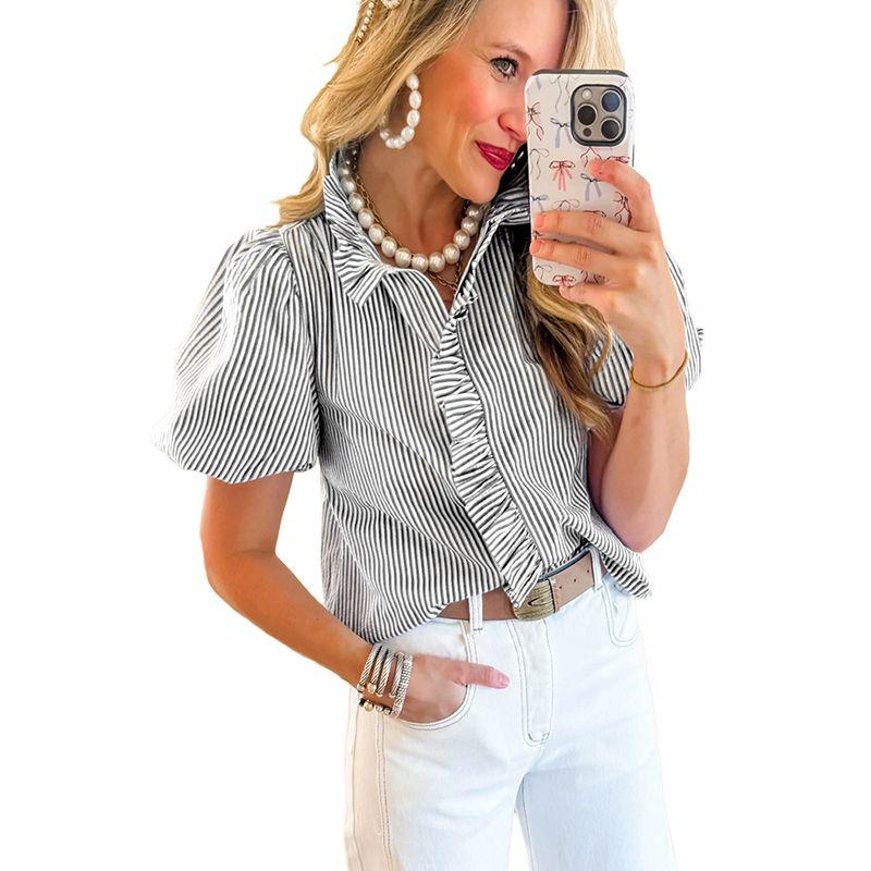 

Dear-Lover Рубашка с оборками, белыми полосками, с короткими рукавами, женская, летняя, свободного кроя, повседневная, на пуговицах, тонкая Black P2 XL code fits (70.00 kg-75.00 kg