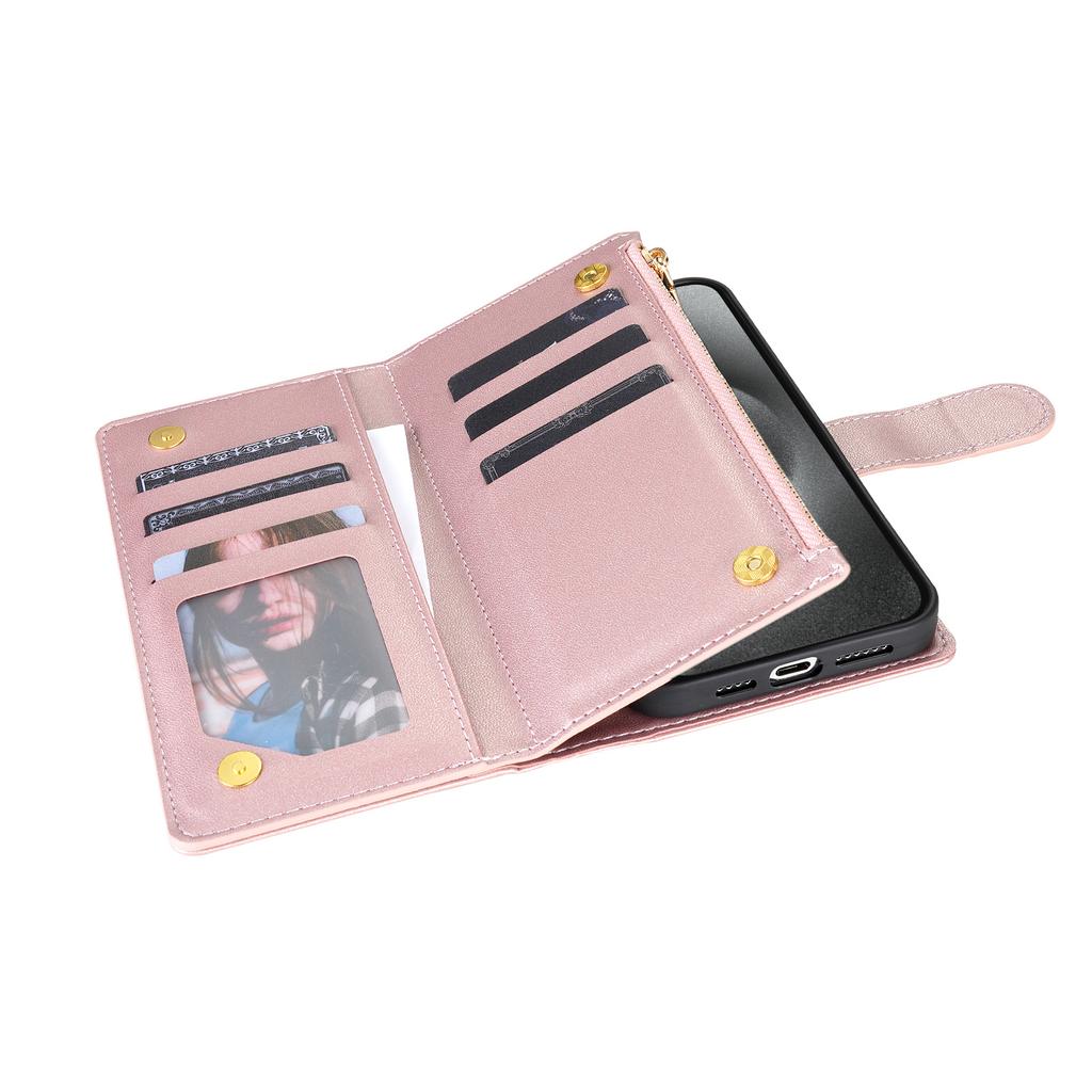 Applicable To iPhone16E Mobile Phone Leather Case 15Pro Xiaoxiangfeng Multi-card Zipper Wallet Oblique Span Protective Case Google 9A