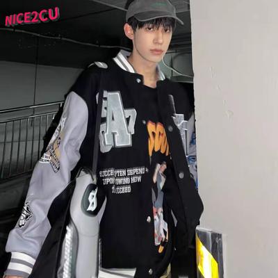 Hip Hop Mens Letters Embroidery Patchwork Jackets Harajuku Bomber Jacket Korean Streetwear Oversized Loose Baseball PU Leather Coat for Teenager