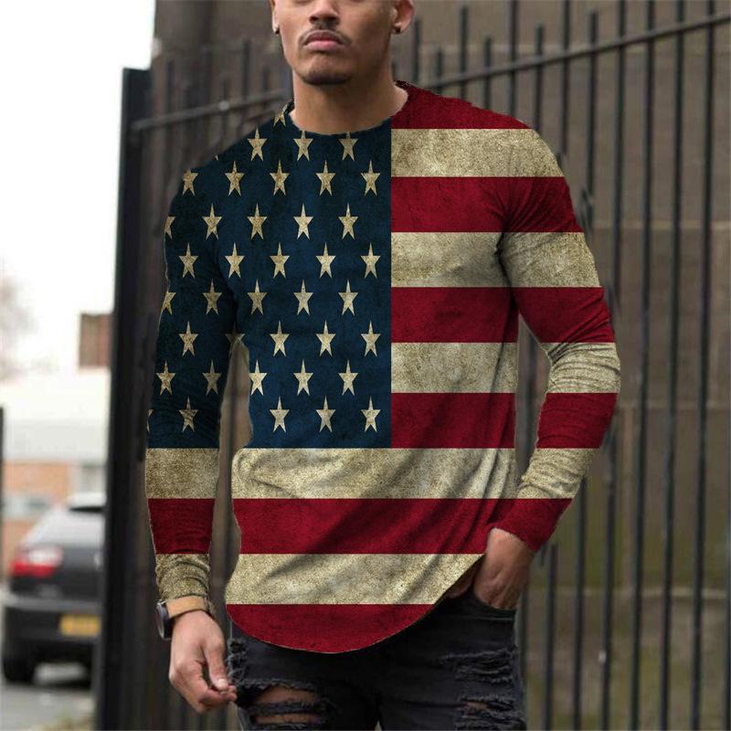 Streetwear Flag T-Shirts Frühling Herbst Rundhals Langarm Top Herren Übergröße Sportbekleidung Übergröße Vintage 3D-Druck T-Shirt