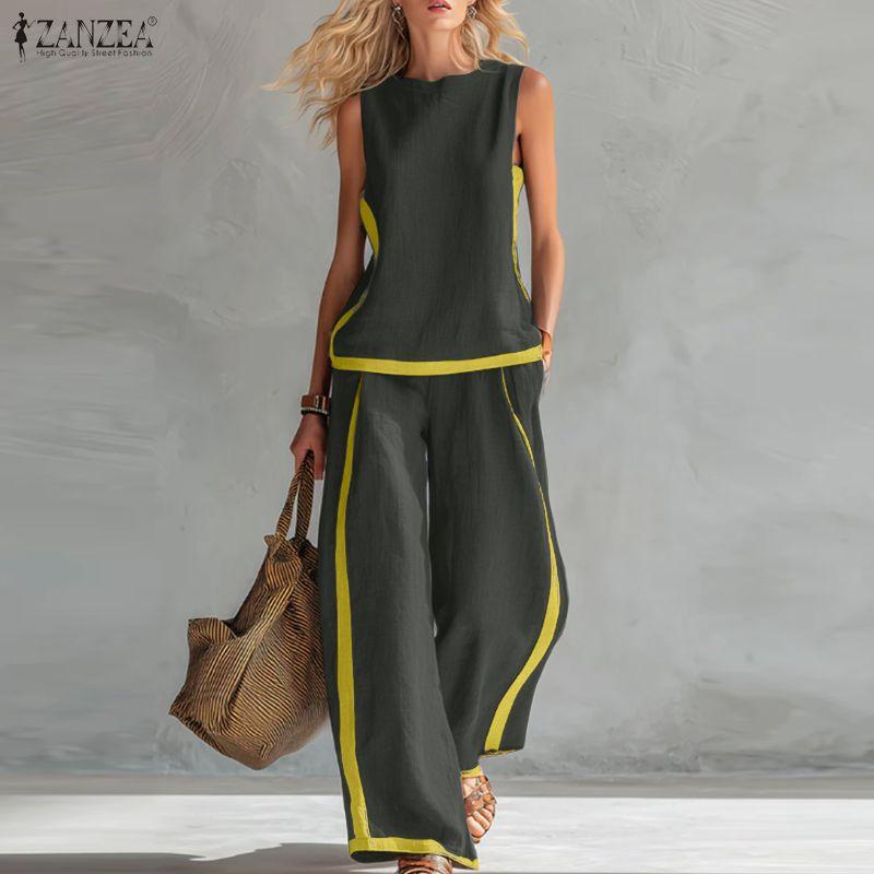 ZANZEA Women Sleeveless Vest Tops and Long Pants Casual Two Piece Suit Sets
