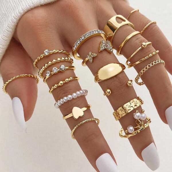 30 PCS Silver Color Geometric Ring Set For Women Vintage Heart Eye Cross Sun And Moon Leaf Charm Finger Ring Female Boho Jewelry