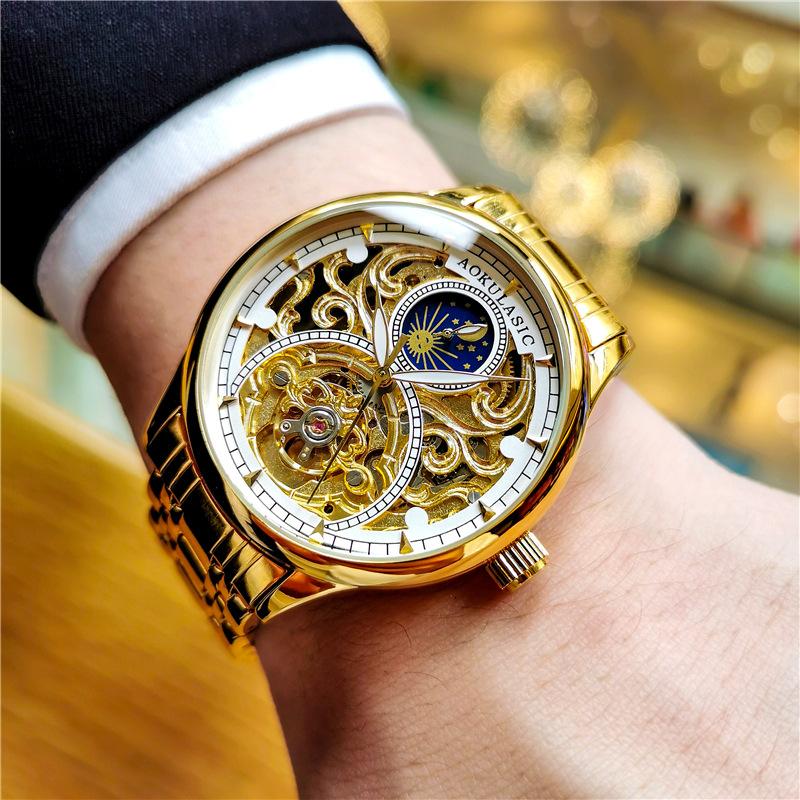 Royal Gold Skeleton Automatic Watch for Men Luxury Tourbillon Mechanical Watches Stainless Steel Strap Luminous Clock