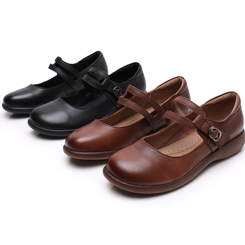 Fashion GKTINOO Leather Shoes Women Mary Janes Genuine Leather Women's Shoes Round Toe Belt Buckle Ladies Casual Flats Large Size