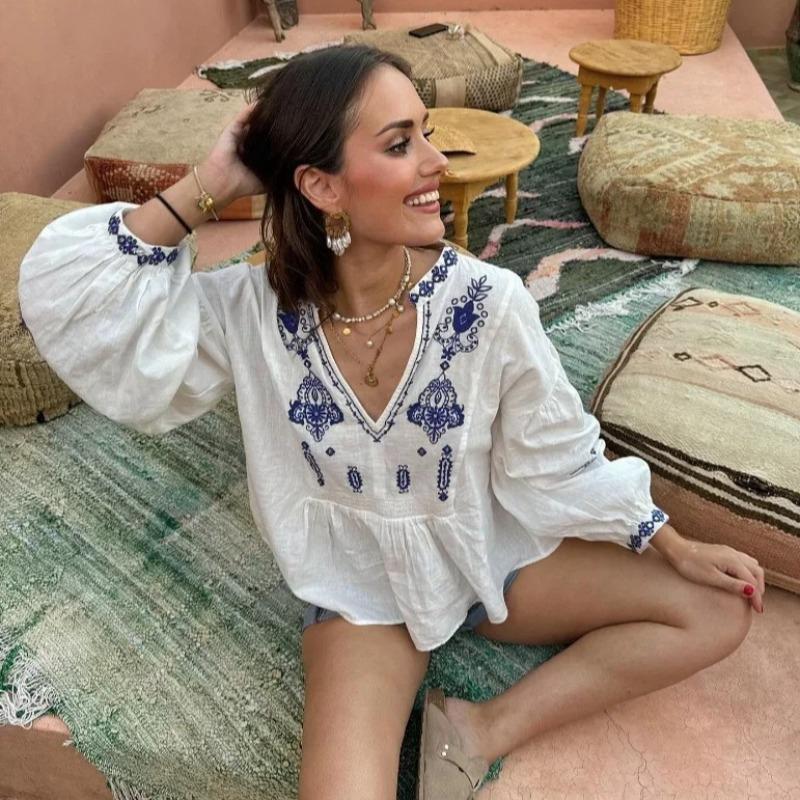 Spring and Autumn Women's Plus Size Shirt Street Fashion Casual Beaded Embroidery Long Sleeve Top