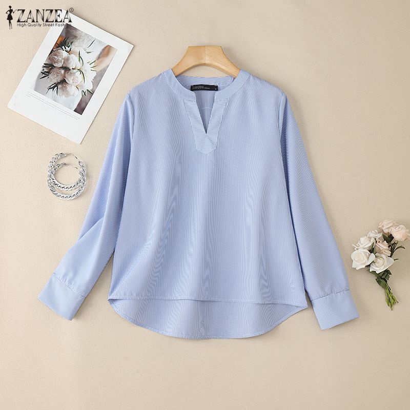ZANZEA Camicetta casual da donna a righe con scollo a V larga a maniche lunghe