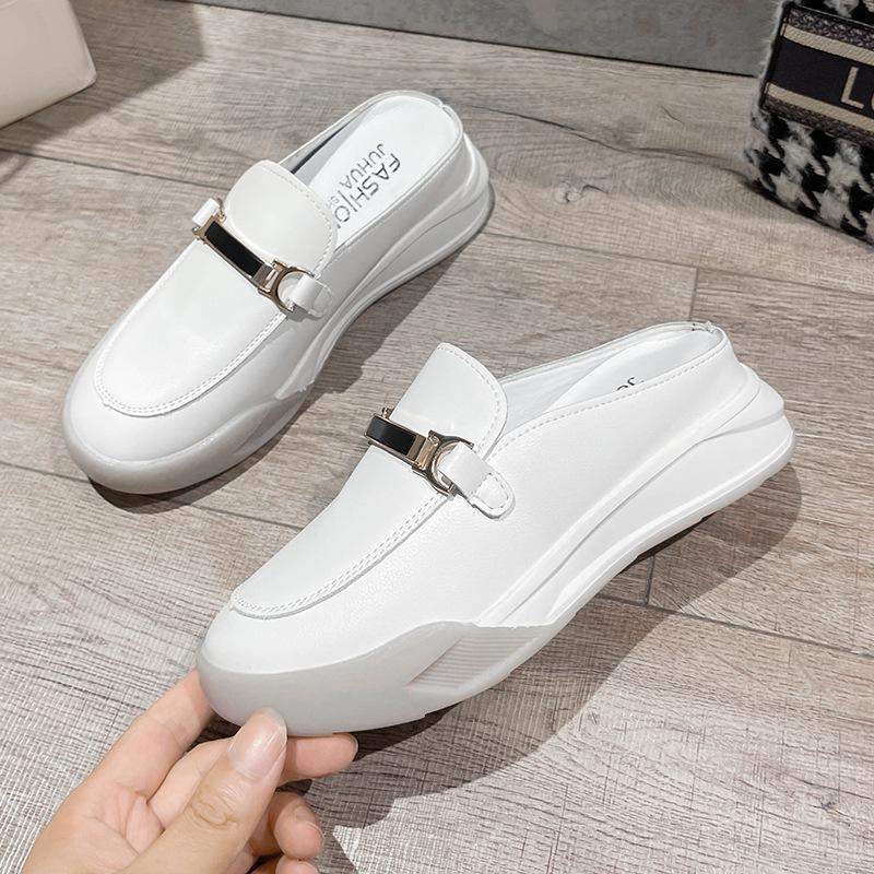 Women's Mules Shoes for Women  Platform Fashion Leather Designer White Comfortable Slippers and Sandals Elegant Heel Shoe