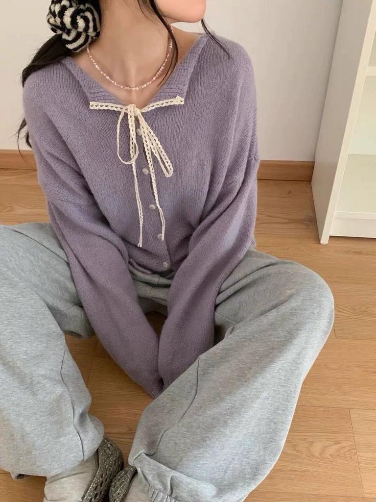 Korean lace-up lace lapel sweater jacket women's 2025 autumn and winter new solid color versatile soft waxy knitted cardigan