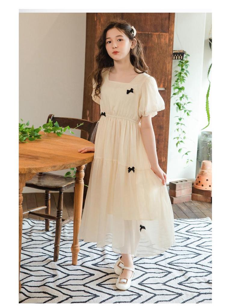 Girls' Chiffon Summer Dress, Short Bubble Sleeves, Long Korean Princess Style 2023.