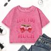 Love You Cherry Much Print Washed Crop T-Shirts Women Street Slim T Shirt Summer Top Crewneck Cotton Short Sleeve