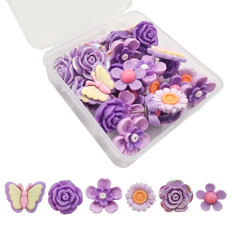 

30pcs Flower Shape Push Pins Multiple Use Decorative Thumb Tacks Flower Pushpin for Organizing & Styling Your Work Space фиолетовый