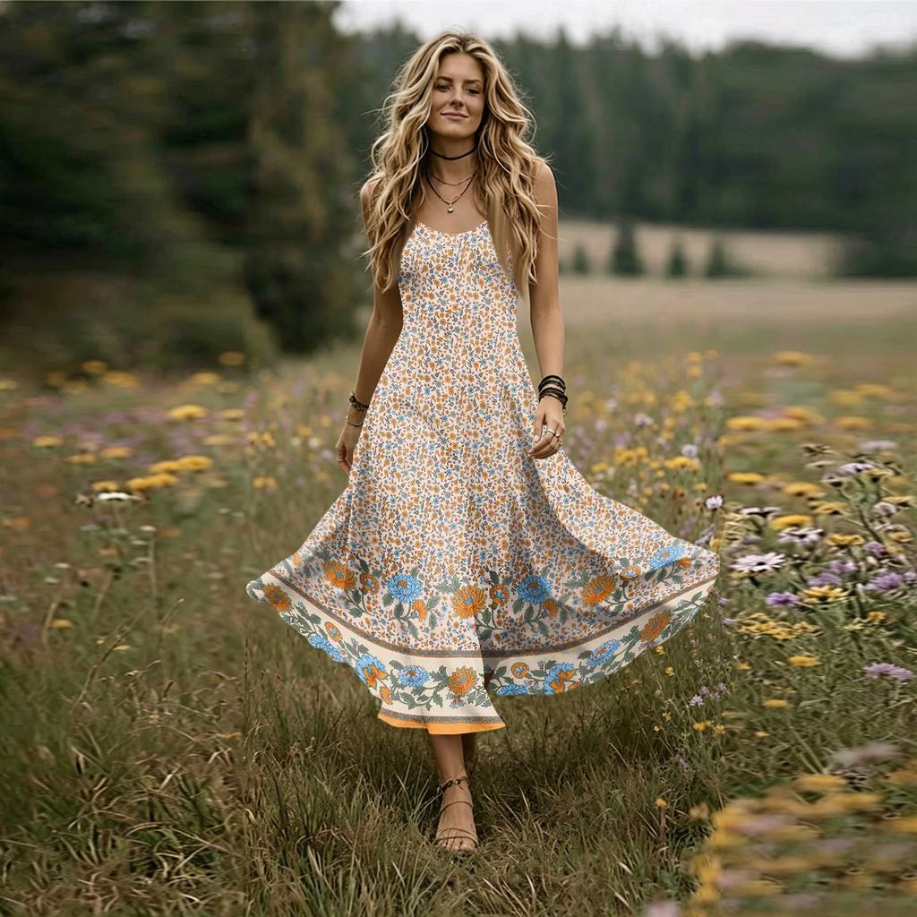 Women’s Sleeveless V Neck Maxi Dress with Spaghetti Straps and Floral Print Loose Fit Summer Long Dress for Daily Wear