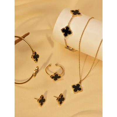 1 Set Stainless Steel Clover Jewellery Set Necklace Bracelet Ring Earrings Simple Fashion Matching Set