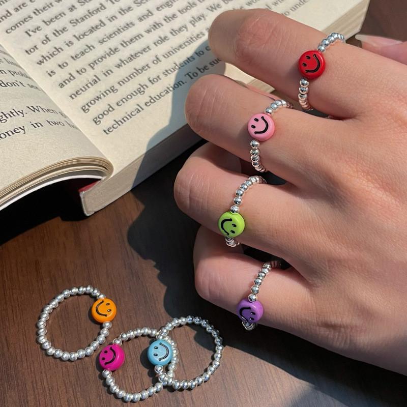 Trendy Korean Colorful Smiley Face Silver Bead Ring For Women Fashion Jewelry