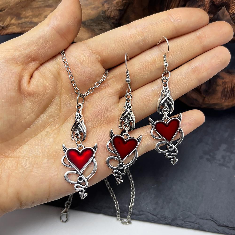 Dark Gothic Punk Bat Demon Heart Necklace & Earrings Set