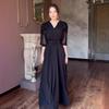 2024 Summer Elegant Women's Solid Color Waist-Cinching Mesh Long Dress