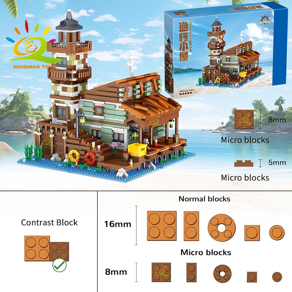 HUIQIBAO City MINI Fishing Village Cabin Micro Building Blocks DIY Fish House Pier With Liight Set Bricks Toys Children Adult