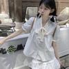 Korean Bow Chic Lace Short-sleeved Striped Shirt Women's Spring Summer New Casual Sweet Gentle Wind Top