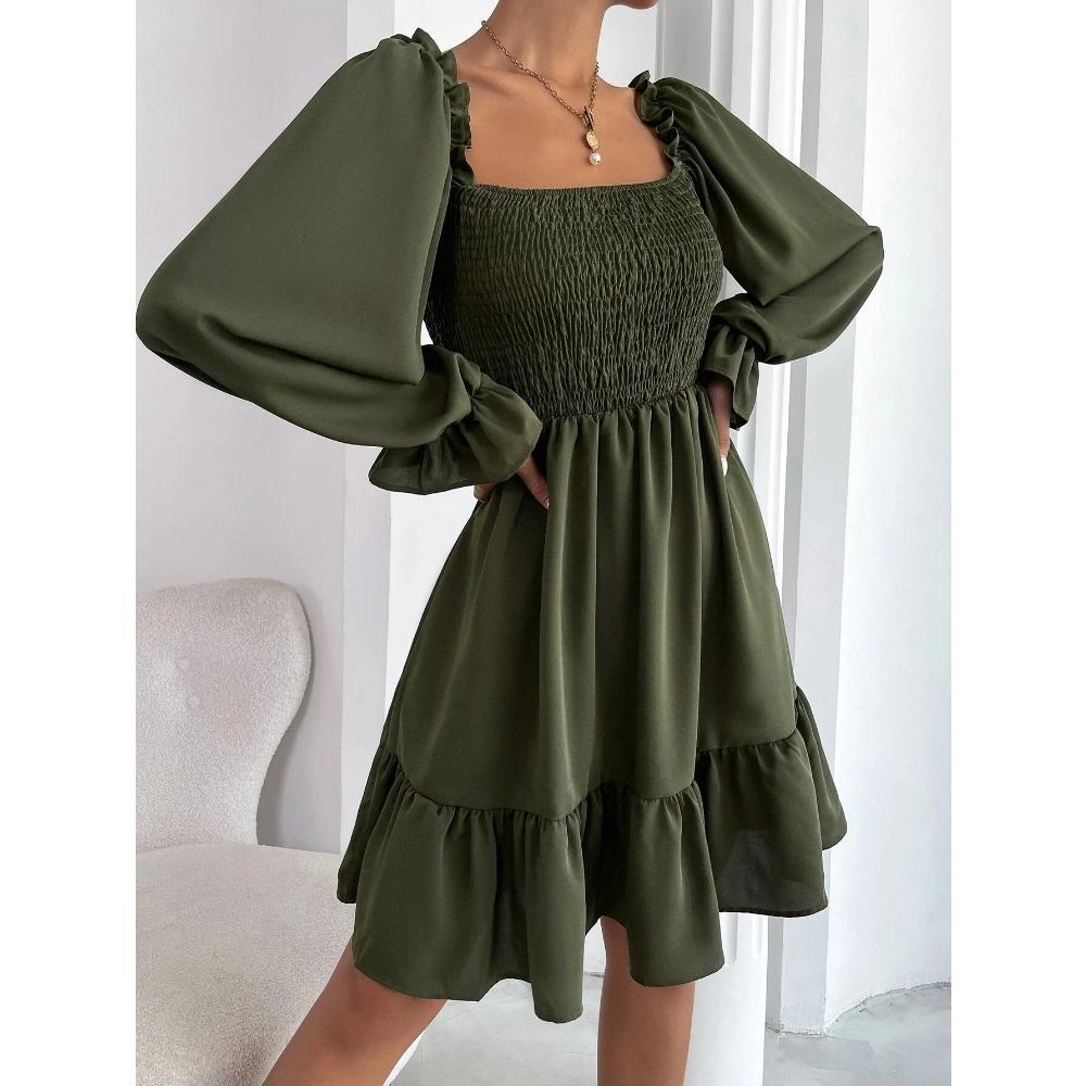 European and American French Simple Square Collar Parallel Crepe Sewing Body Ruffled Hem Dress