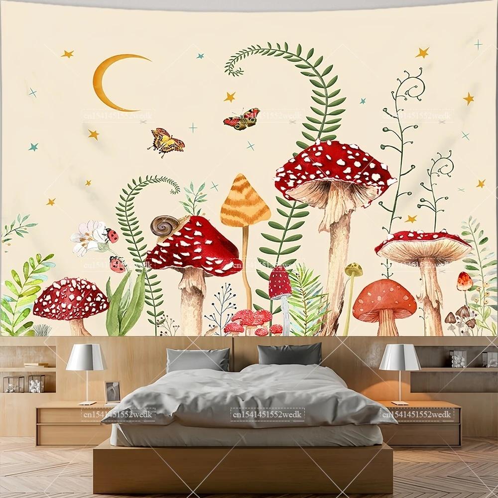 Mushroom Tapestry Moon Star Tapestries Butterfly Snail Frog Tapestrys Aesthetic Room Decor Starry Night Green Plant Tapastrys