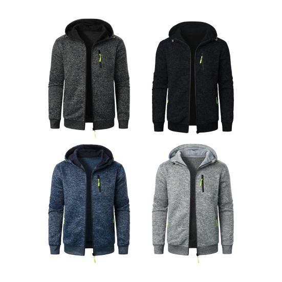 Men Fall Winter Coat Hooded Long Sleeves Elastic Cuffs Jacquard Knitted Cardigan Zip-up Solid Color Sport Jacket