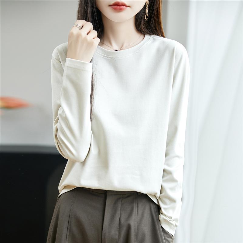 Women's Crew Neck Long Sleeve T-Shirt Regular Fit Elegant Lady Style Mercerized Cotton Solid Color Spring Casual Versatile Basic Layering Top