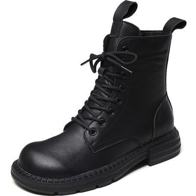 Damen Echtleder Stiefel Klobige Plateau Eckige Zehenpartie Seitlicher Reißverschluss Stiefeletten Für Damen Winter Warm Schnürschuhe