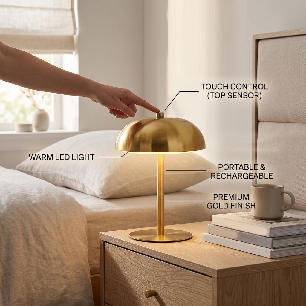 Table Lamp 3W 3 Color Temperatures Stepless Dimmable Touch Control Rechargeable Metal Mushroom Lamp for Bedside