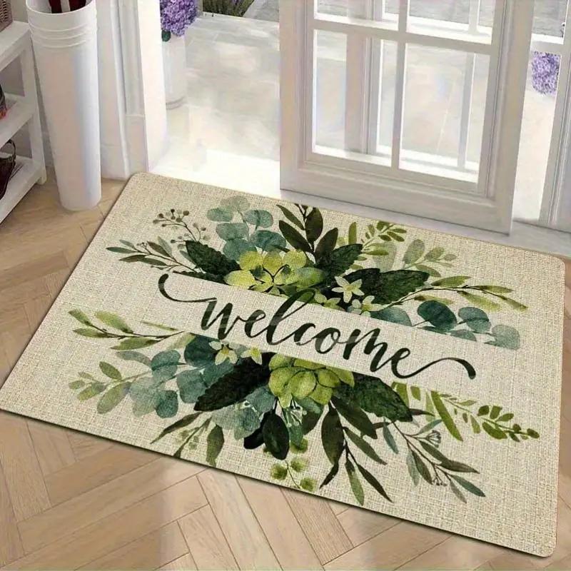Welcome Floral Print Door Mat Non-Slip Floor Mat Washable Decorative Carpet For Home Kitchen Bathroom Front Door Entrance