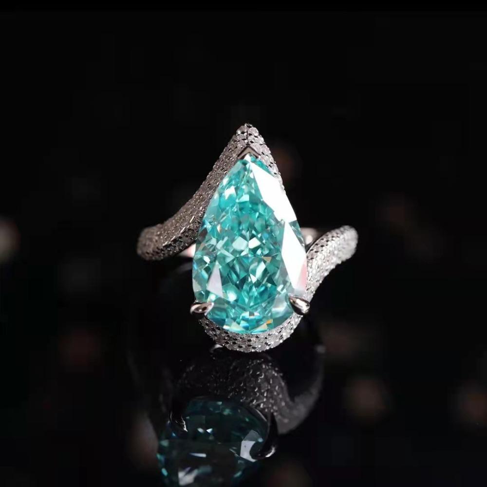 Open Ring Synthetic Paraiba Tourmaline Gemstone Large Carat Pear Drop Shape Jewelry for Women