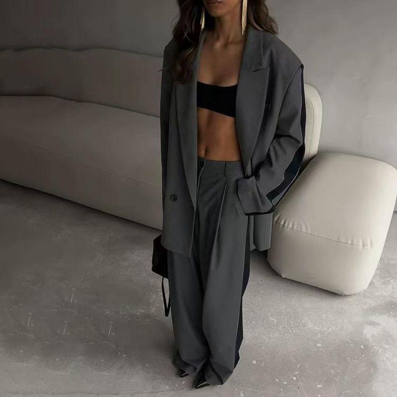 Fashion Wind Loose Contrast Color Long Sleeves Suit Pants Suit Loose Suit Wide Leg Pants Set