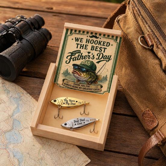 2 Pcs Fishing Lures with Wooden Box Set, We Hooked The Best Dad Personalized Engraved Fishing Lures, Father's Day Gift for Dad, Husband