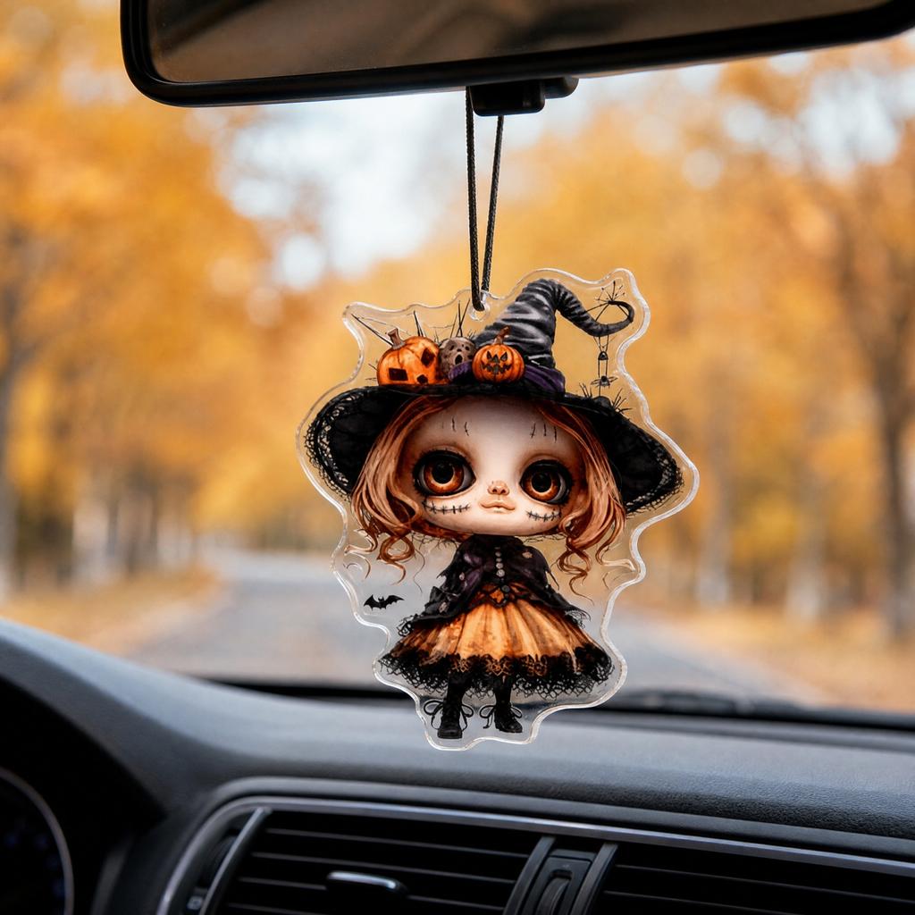 Halloween Acrylic Cute Witch Pendant Flat Ornament for Backpack Purse Keychain