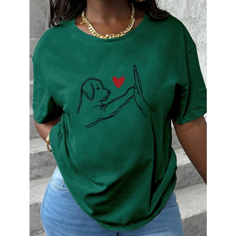Women's Casual Round Neck Short Sleeve T-Shirt With Dog And Heart Print Pattern