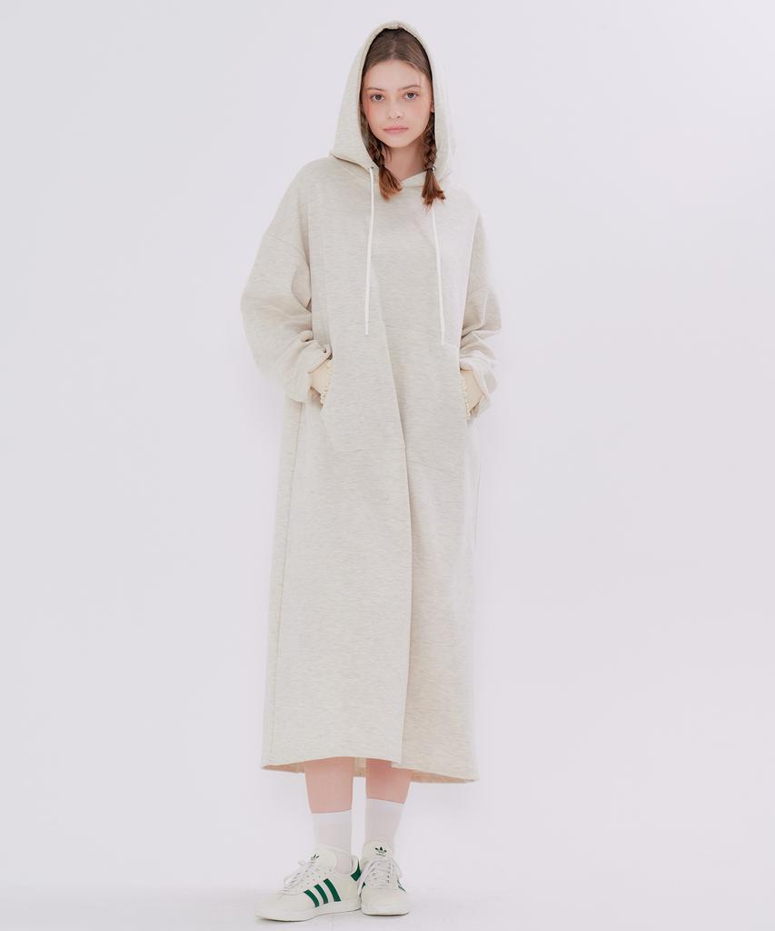 Metapeo Shirred Point Hooded Long Dress Oatmeal