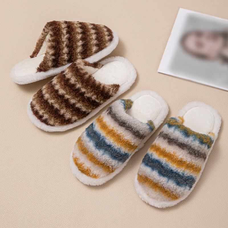Contrasting color striped bag head cotton slippers fluffy slippers comfortable design home plush slippers