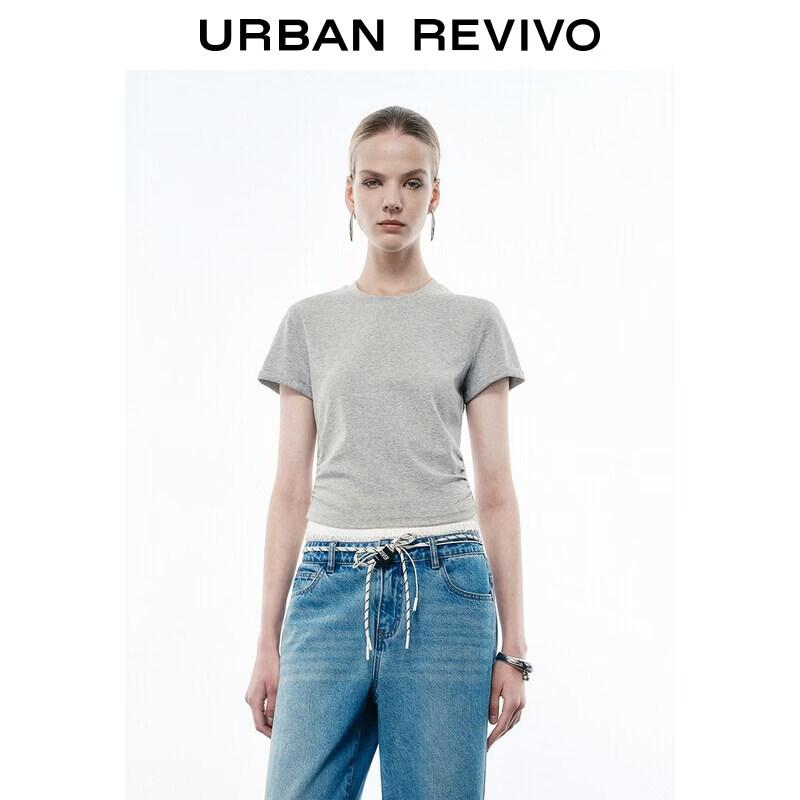 UR2026 Women s Casual Pleated Slim Fit Round Neck T-Shirt XL