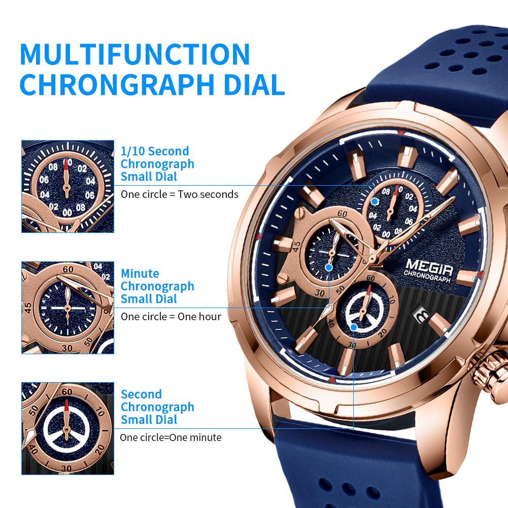 Relogio Masculino MEGIR Ny Sport Chronograph Silikon Herreklokker Toppmerke Luksus Quartz Clock Vanntett Big Dial Watch Herre