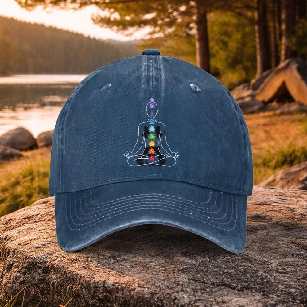 Chakra Meditation Graphic Washed Baseball Cap Adjustable Cotton Outdoor Unisex Daily Wear Cap