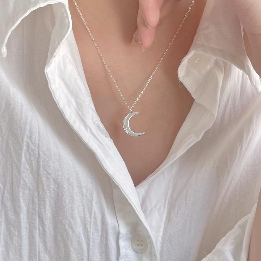 Moon Necklace for Silver Sterling Silver Crescent Moon Clavicle Popular Day Gift [Rockyu] Women, & Gold, 925, Zirconia, Pendant, Cute, Chain,