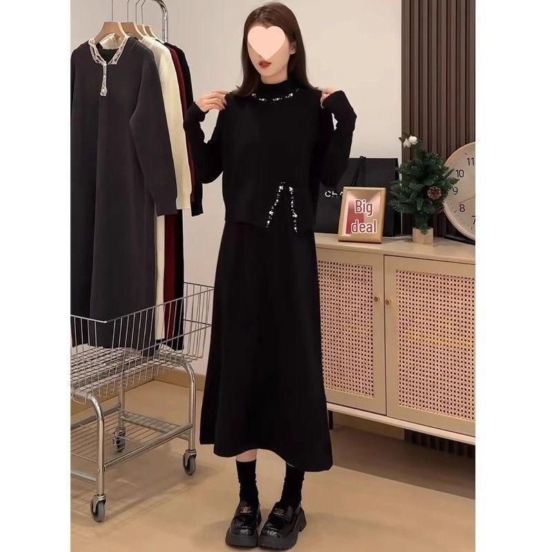 

Red Beaded Knit Vest Dress Set – Women s Autumn/Winter Slimming Two-Piece Outfit L for 100-110 lbs