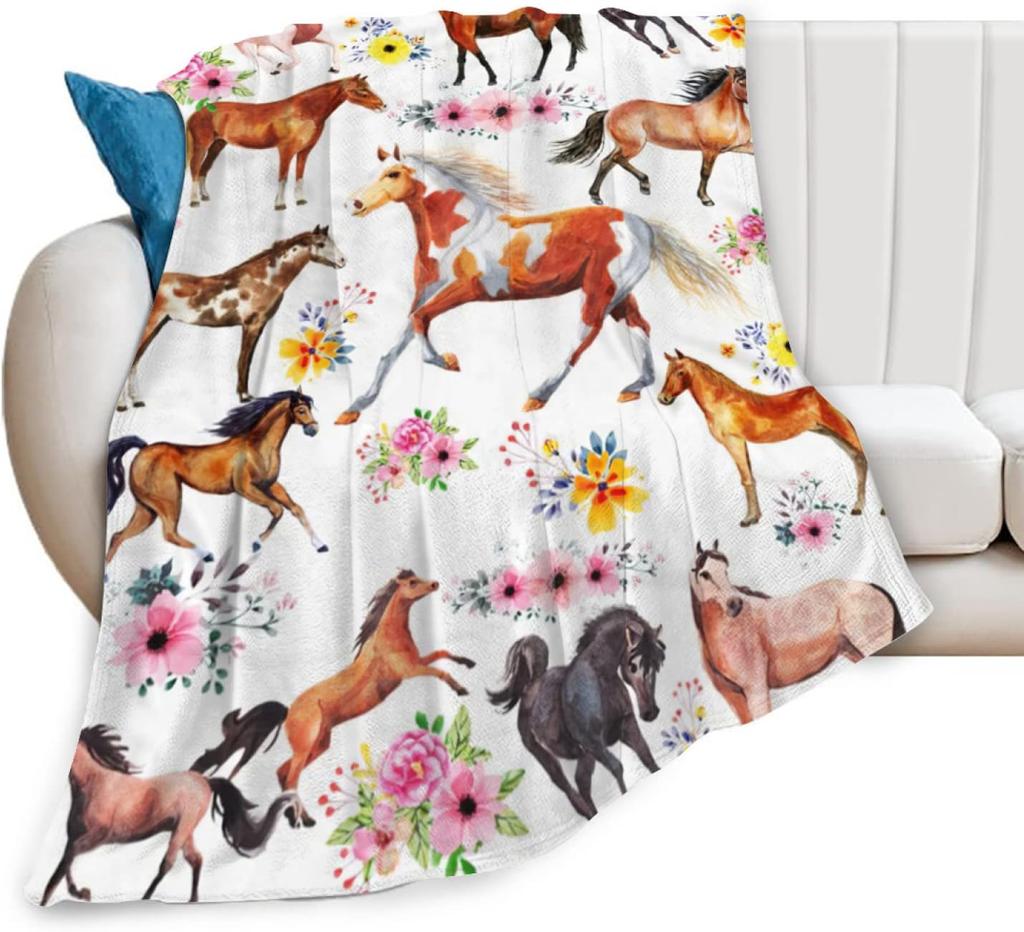 Horse Blanket Gifts for Girls Women Western Horses Flowers Animal Fleece Flannel Throw Blankets Soft Lightweight Horse Plush Stu