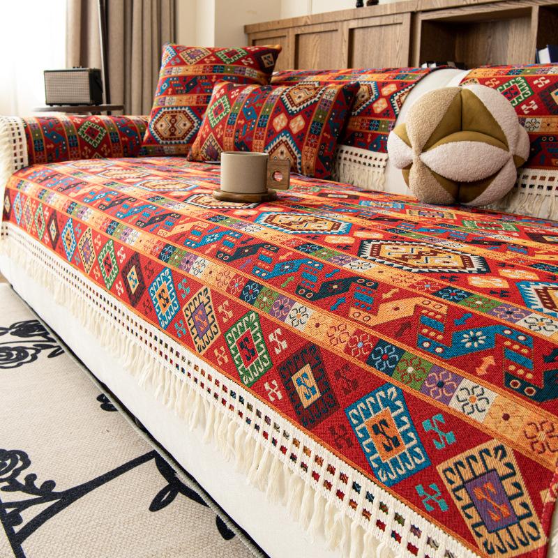 Premium Ethnic Style Sofa Cover Cloth Fixed Anti Slip Straight Row Sofa Cushion One-Piece All Season Universal Retro Classic