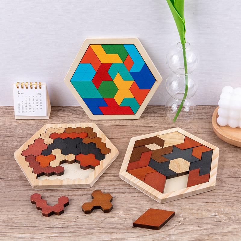 Wooden Hexagonal Puzzle Puzzle Honeycomb Puzzle Kindergarten Baby Children Building Block Tangram Toy