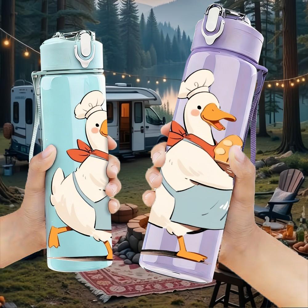 1PC Chef Goose Carrying Bread Loaf Print 750ml Color Plastic Sports Water Bottle Leakproof Flip Straw Lid Suitable for Sports Office Home Use