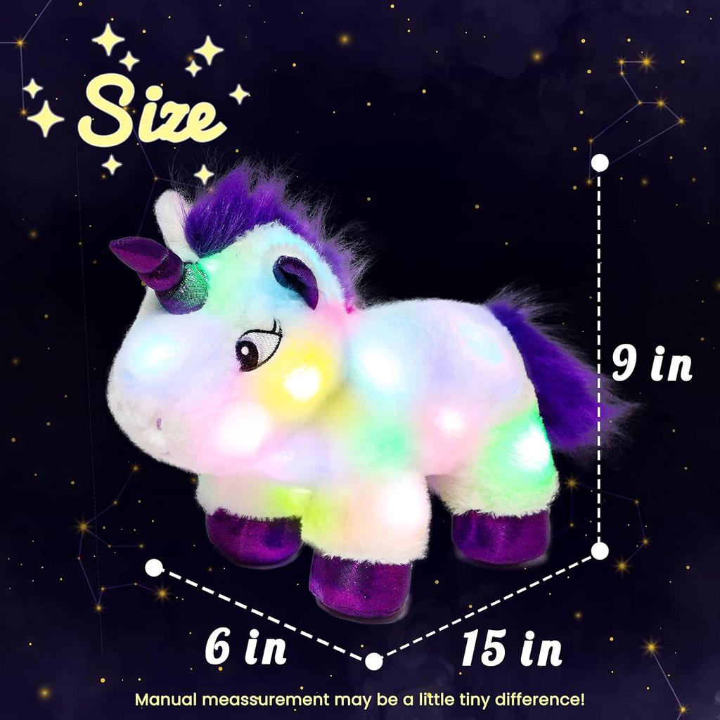 Hopearl LED Plush Unicorn Lighting Up Stuffed Animal Floppy Night Lights Glow in The Dark Birthday Gifts for Kids Toddler Girls, White, 15''