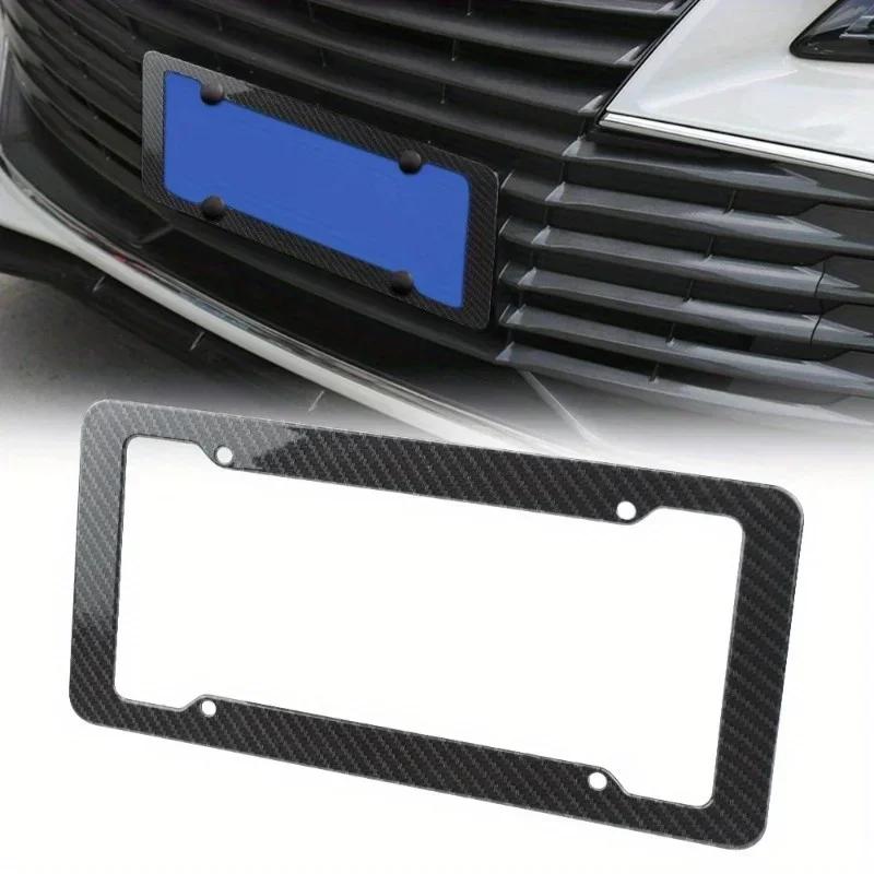 1/2pcs Black Carbon Fiber Pattern Plastic License Plate Frame Fiber Black Aluminum Metal Car Tag Holder Tire Screw Cap Universal
