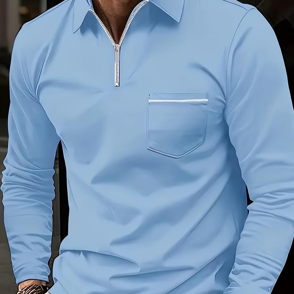 Men's Long-Sleeve Polo Shirt with Zipper Pocket - Casual Fit for Spring/Autumn